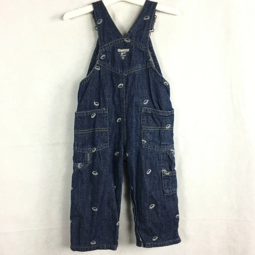 Oshkosh B'Gosh Overalls Boys Sz 18 months Dark‎ Wash Embroidered Football Denim